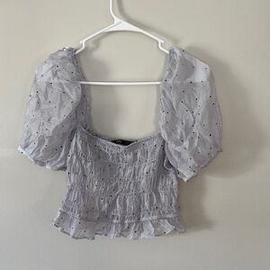 Zara Purple and Silver Puff Sleeve Smocked Crop Blouse